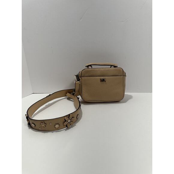 Michael Kors Mini Guitar Strap Leather Crossbody Studded Floral Aplique Nude Bag - Picture 1 of 14